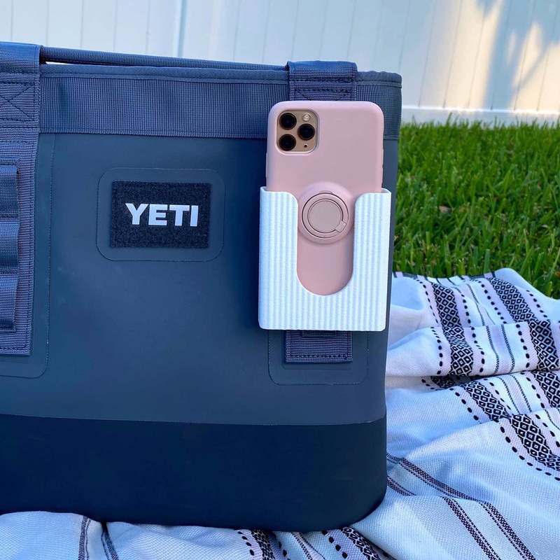 White Phone Holder Attachment Compatible with Soft Yeti Coolers & Backpacks with Straps - Accessorize Your Cooler or Backpack & Securely Hold Your Phone - Made in USA! White