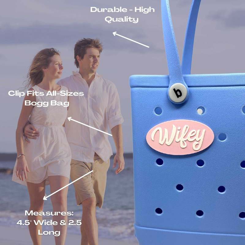 FRESHe BOGLETS - Wifey Charm - Decorative Charm Accessories Compatible with Bogg Bags, Simply Southern Bags and other Tote Bags. Pink and White