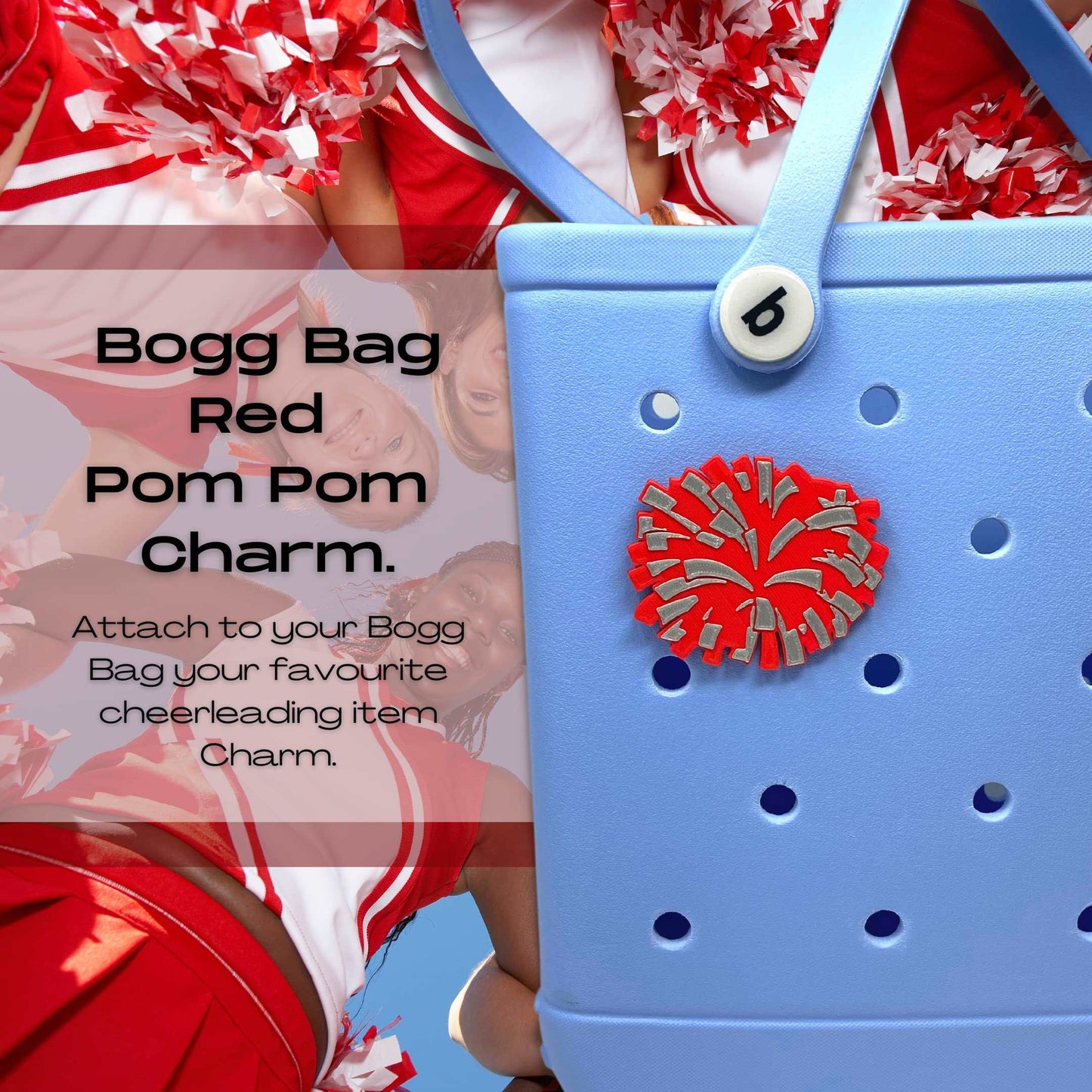 BOGLETS - Cheerleading Charm Compatible with Bogg Bags - Decorative Charm for Bogg Bags & Other Tote Bags Red Pom Pom