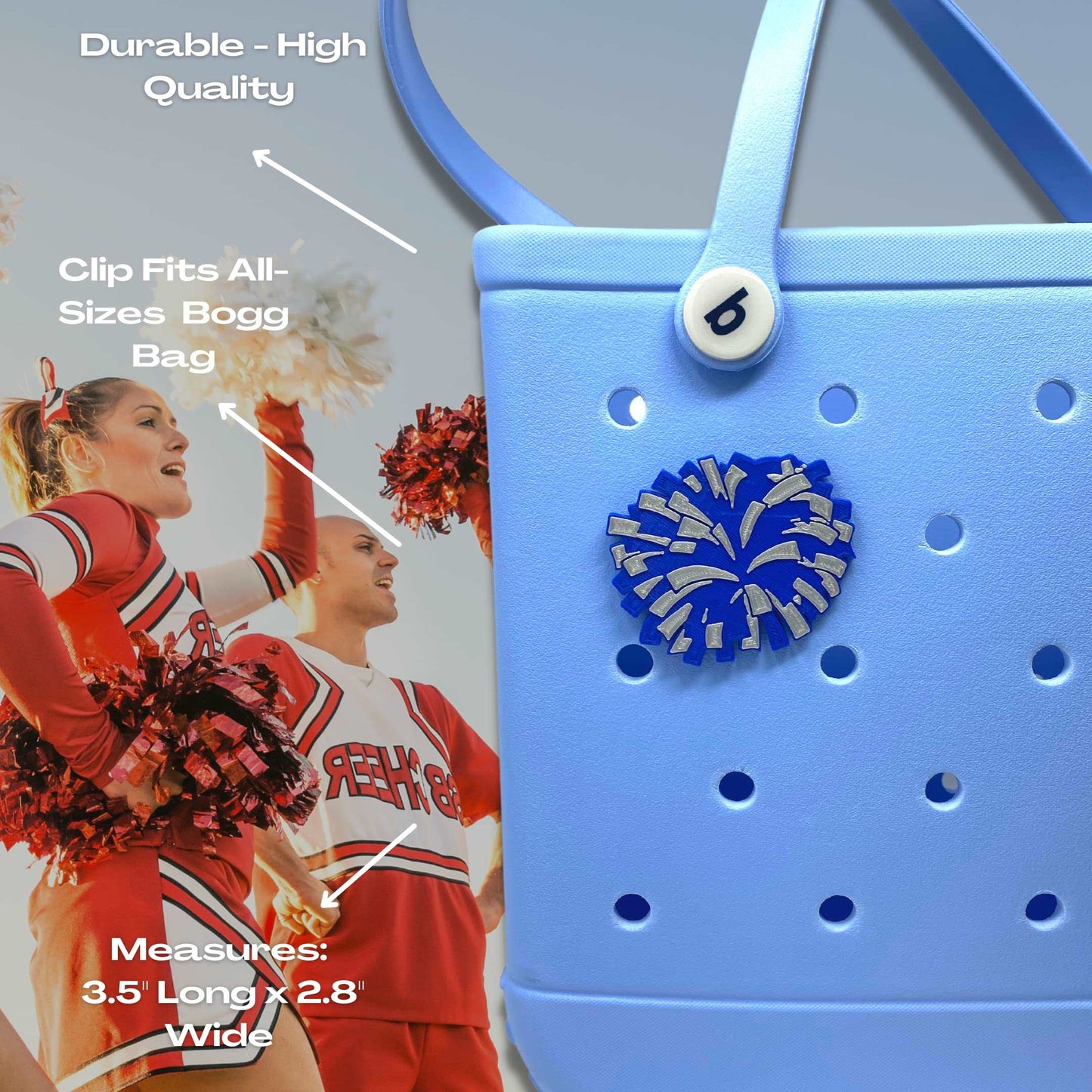 BOGLETS - Cheerleading Charm Compatible with Bogg Bags - Decorative Charm for Bogg Bags & Other Tote Bags Blue Pom Pom