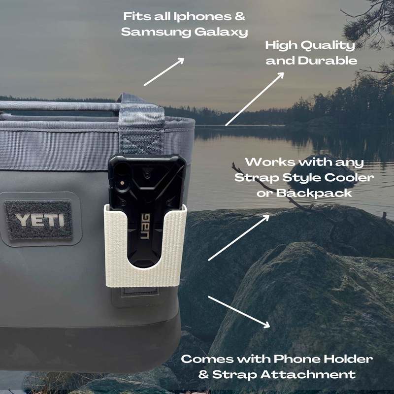 White Phone Holder Attachment Compatible with Soft Yeti Coolers & Backpacks with Straps - Accessorize Your Cooler or Backpack & Securely Hold Your Phone - Made in USA! White