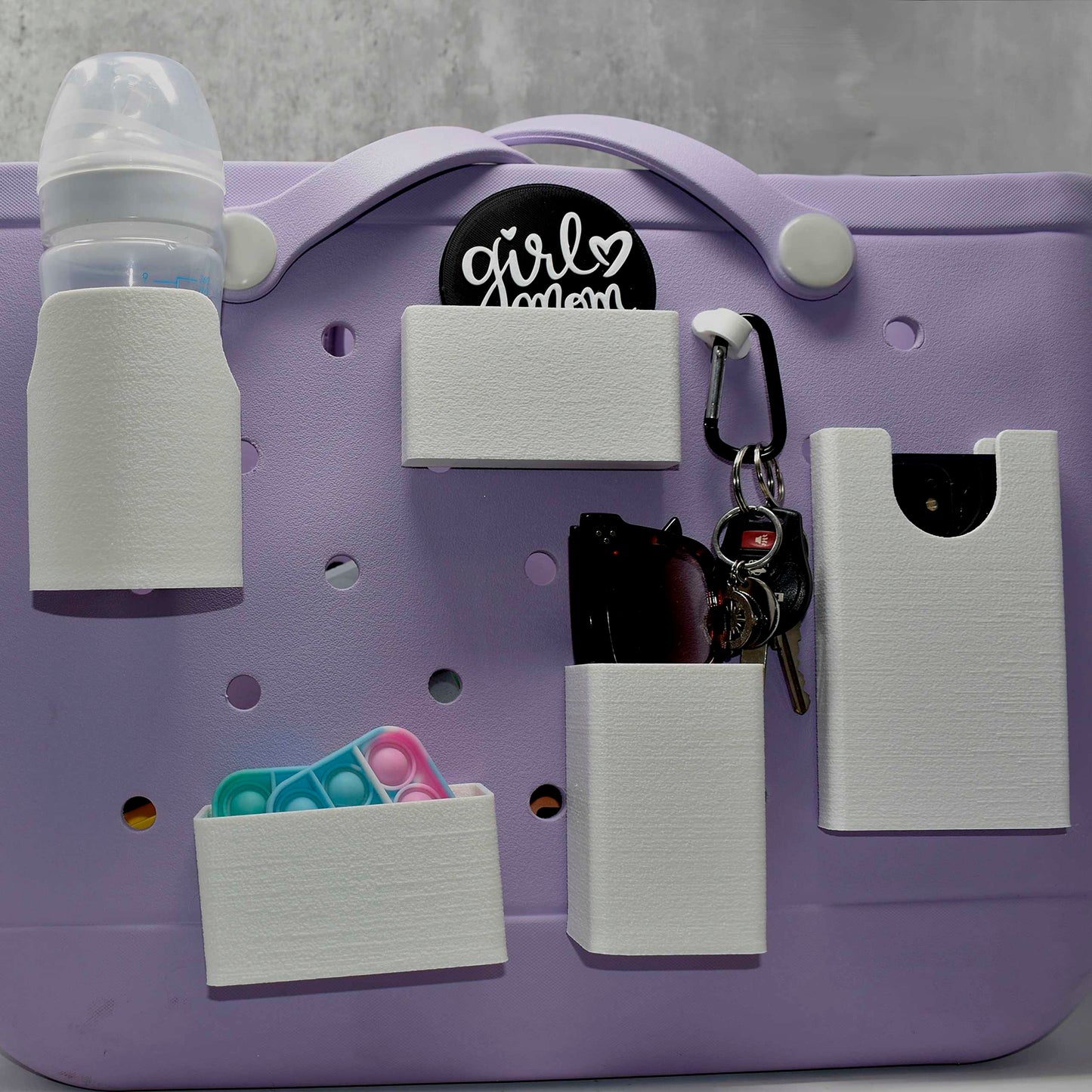 BAGLETS - The Ultimate Bundle - For Bogg Bags & Other Totes - Tote Bag Accessories - Phone Case Holder, Key & Wallet Holder, Carabiner Key Holder, Bottle Holder Accessory & Sunglasses Holder - White