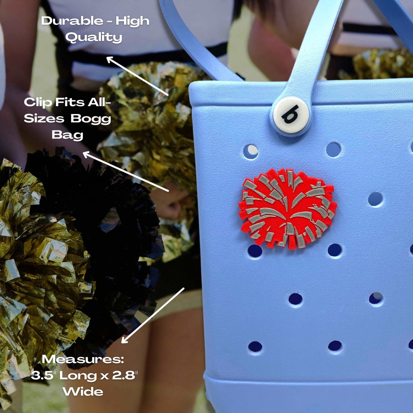 BOGLETS - Cheerleading Charm Compatible with Bogg Bags - Decorative Charm for Bogg Bags & Other Tote Bags Red Pom Pom
