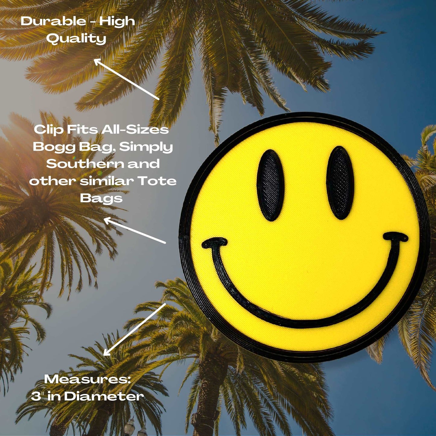 FRESHe BOGLETS - Smiley Emoji Charm - Decorative Charms - Compatible with Bogg Bags, Simply Southern and other Tote Bags. Smiley