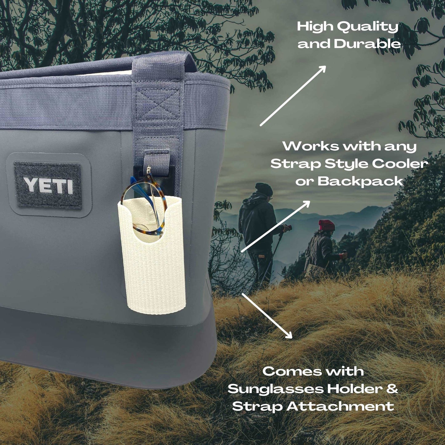 Sunglasses Holder Attachment Compatible with Soft Yeti Coolers & Backpacks with Straps - Accessorize Your Cooler or Backpack & Securely Hold Your Sunglasses - Made in USA!