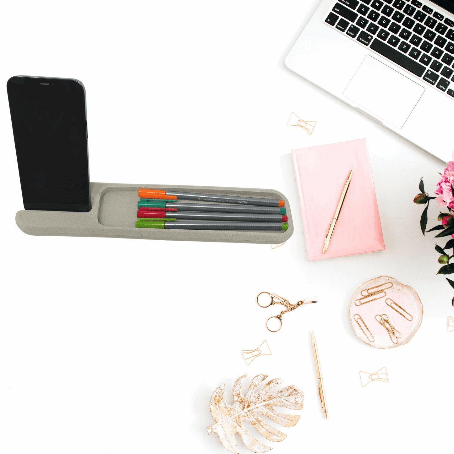 Chatelet Concrete Phone Stand Desk Tray - Stylishly Organize Office Desk with Phone Holder, Pens, Pencils, Scissors, & More - Handmade in USA