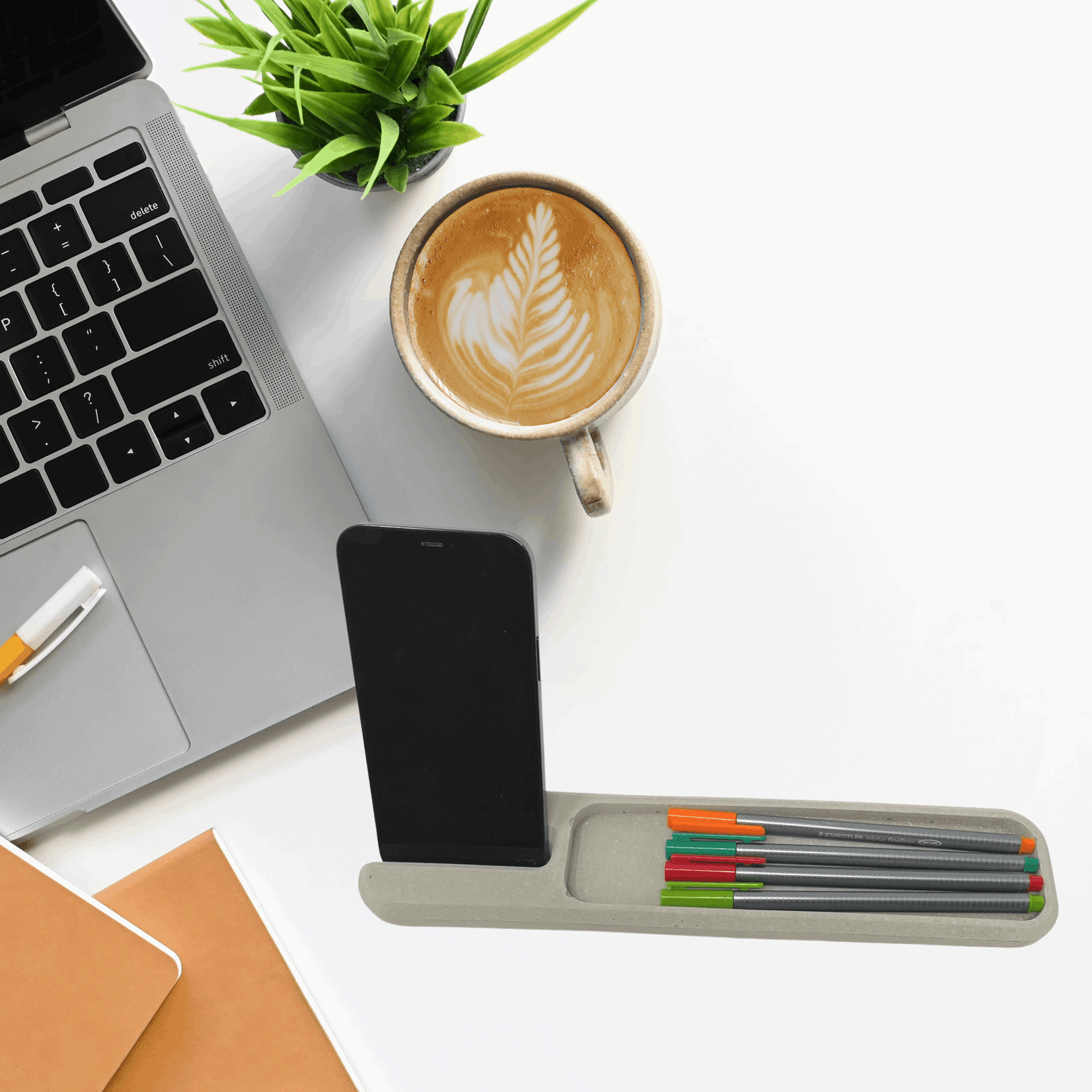 Chatelet Concrete Phone Stand Desk Tray - Stylishly Organize Office Desk with Phone Holder, Pens, Pencils, Scissors, & More - Handmade in USA
