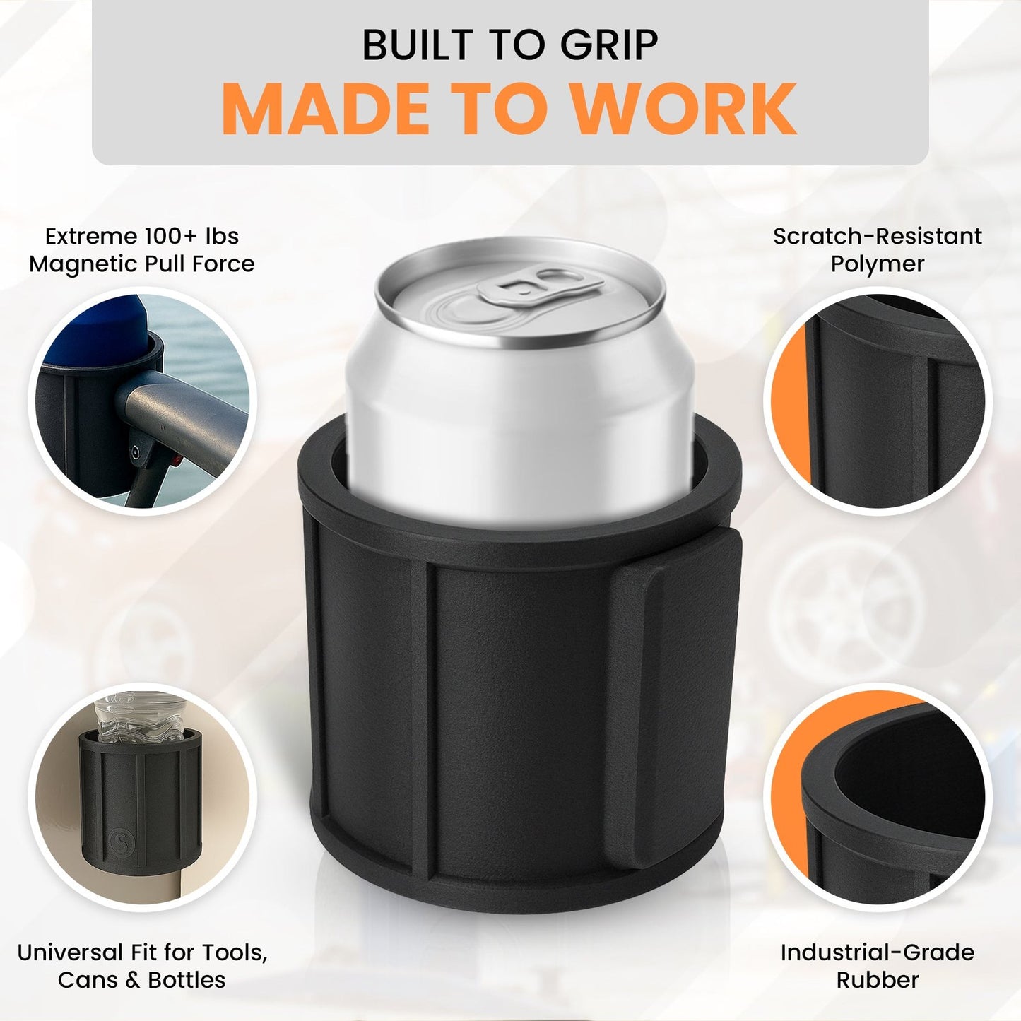 SoftJaw Slim Magnetic Cupholder | Heavy-Duty Rubber Tool Holder for Water Bottles & Cans