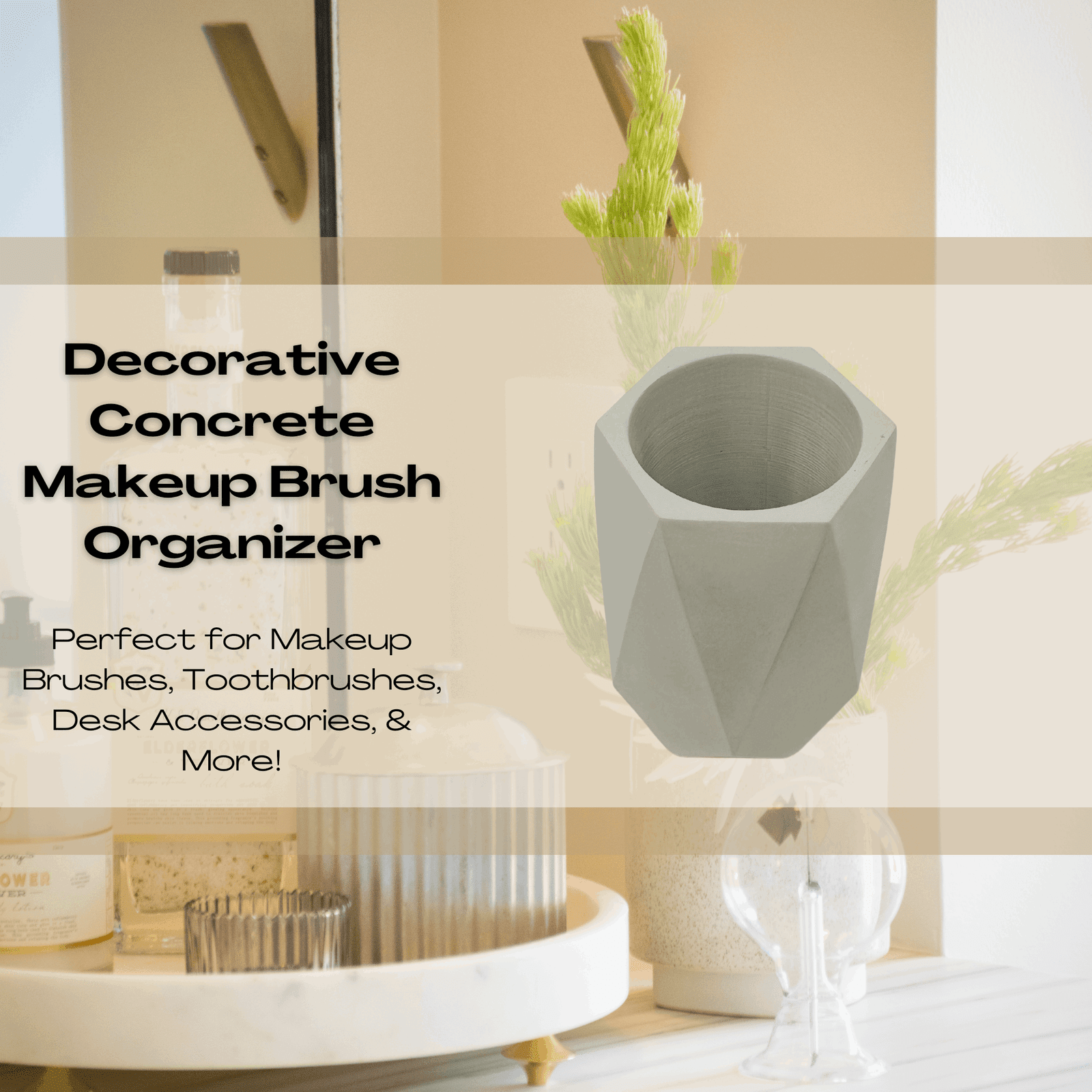 Chatelet Concrete Makeup Brush Holder Organizer | Geometric Design Bathroom Vase Perfect for Makeup Brushes, Utensils, or Toothbrushes