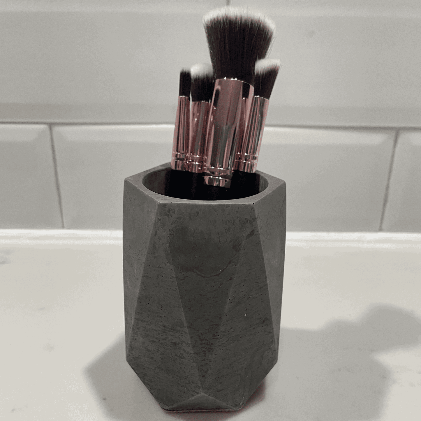 Chatelet Concrete Makeup Brush Holder Organizer | Geometric Design Bathroom Vase Perfect for Makeup Brushes, Utensils, or Toothbrushes