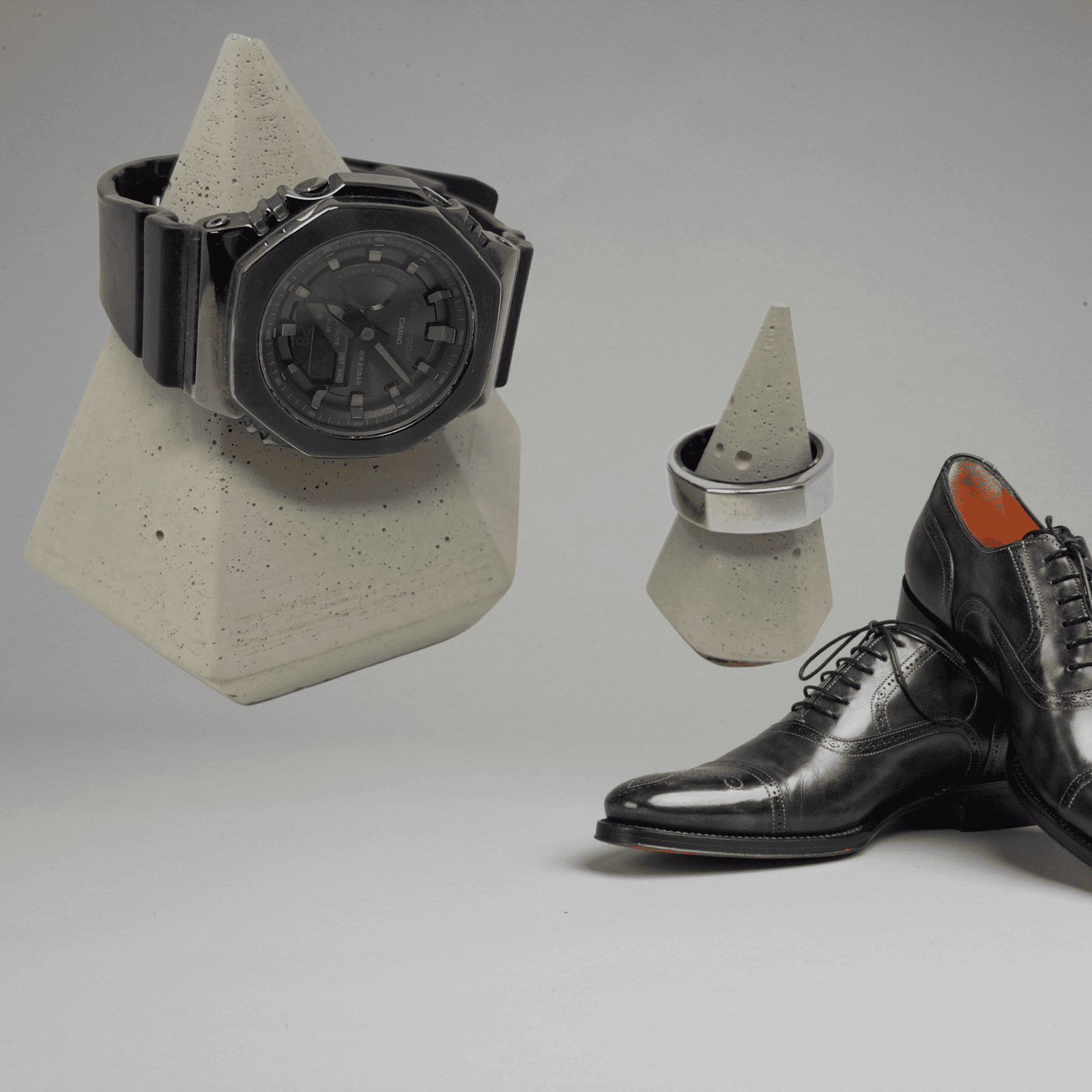 Concrete Mens Ring & Watch Holder - Rugged Cement Jewelry Display for Men - Great Gift for Men's Organization & Display - Made in USA!