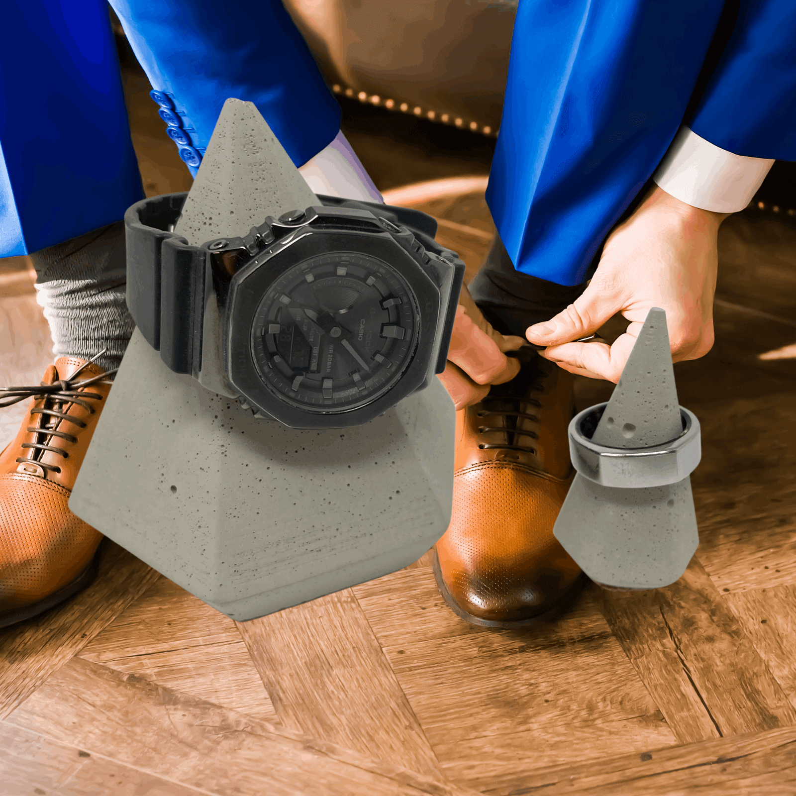 Concrete Mens Ring & Watch Holder - Rugged Cement Jewelry Display for Men - Great Gift for Men's Organization & Display - Made in USA!