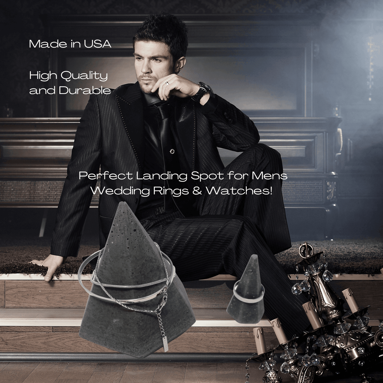 Concrete Mens Ring & Watch Holder - Rugged Cement Jewelry Display for Men - Great Gift for Men's Organization & Display - Made in USA!