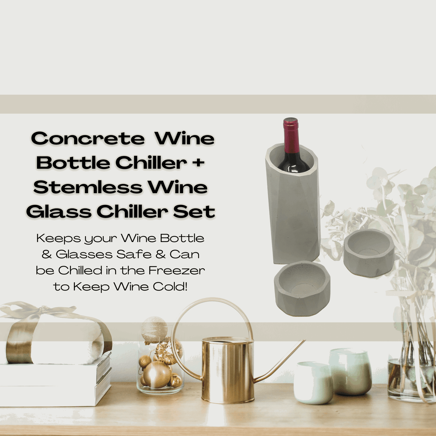 Gray Concrete Wine Bottle Holder & 2 Stemless Wine Glass Chiller Set - Prevents Wine from Tipping Over - Store in Freezer to Keep Wine Chilled