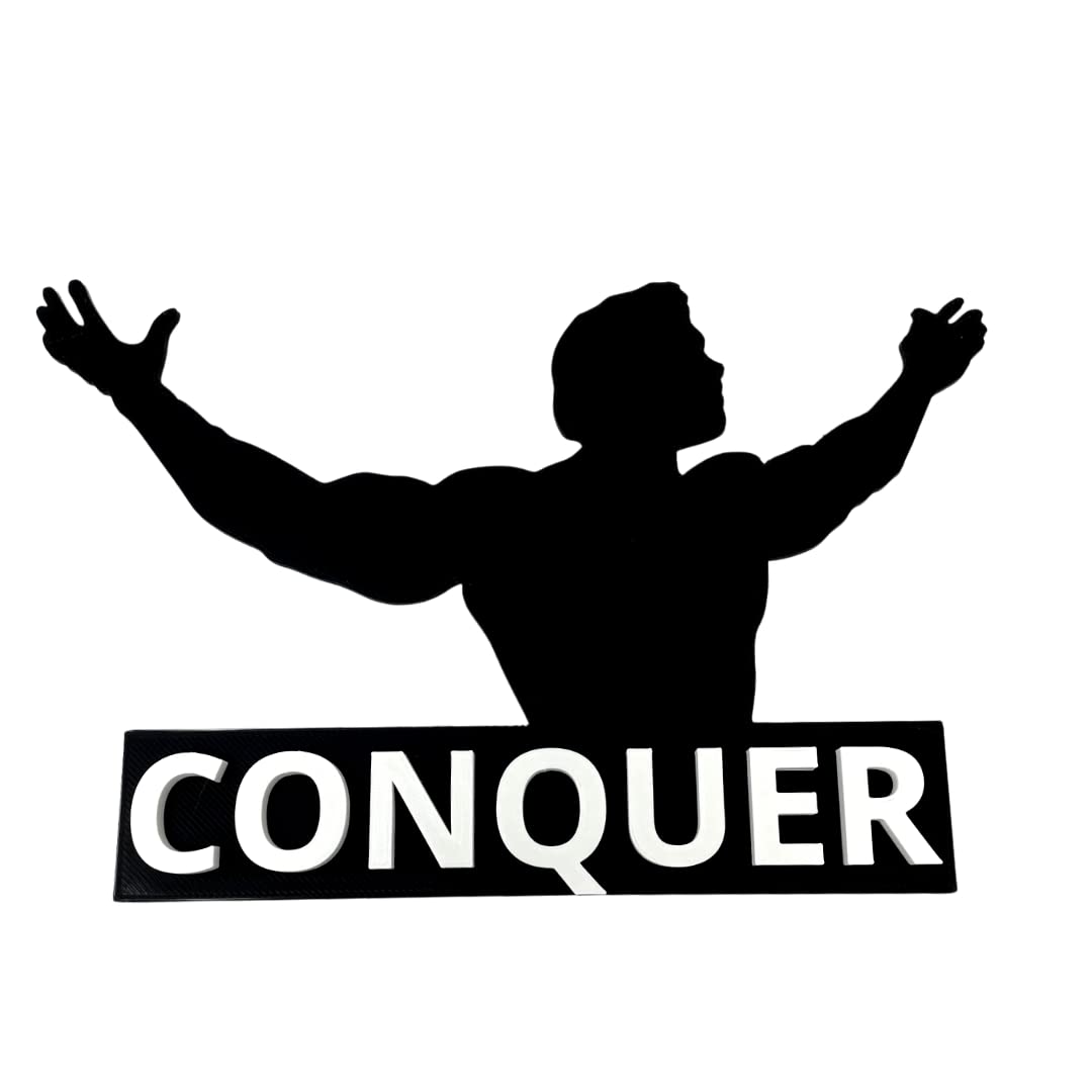 Arnold 'Conquer' Home Gym Motivational Sign - ~10" Wide & 8" Tall Motivational Gym Sign or Wall Art - Hard Plastic Sign with 3D Lettering - Made in The USA