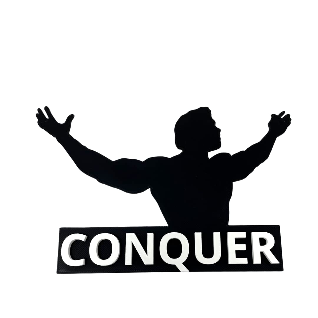 Arnold 'Conquer' Home Gym Motivational Sign - ~10" Wide & 8" Tall Motivational Gym Sign or Wall Art - Hard Plastic Sign with 3D Lettering - Made in The USA