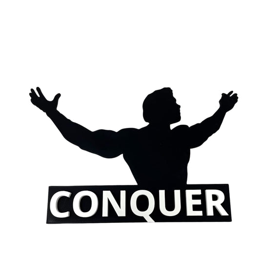 Arnold 'Conquer' Home Gym Motivational Sign - ~10" Wide & 8" Tall Motivational Gym Sign or Wall Art - Hard Plastic Sign with 3D Lettering - Made in The USA