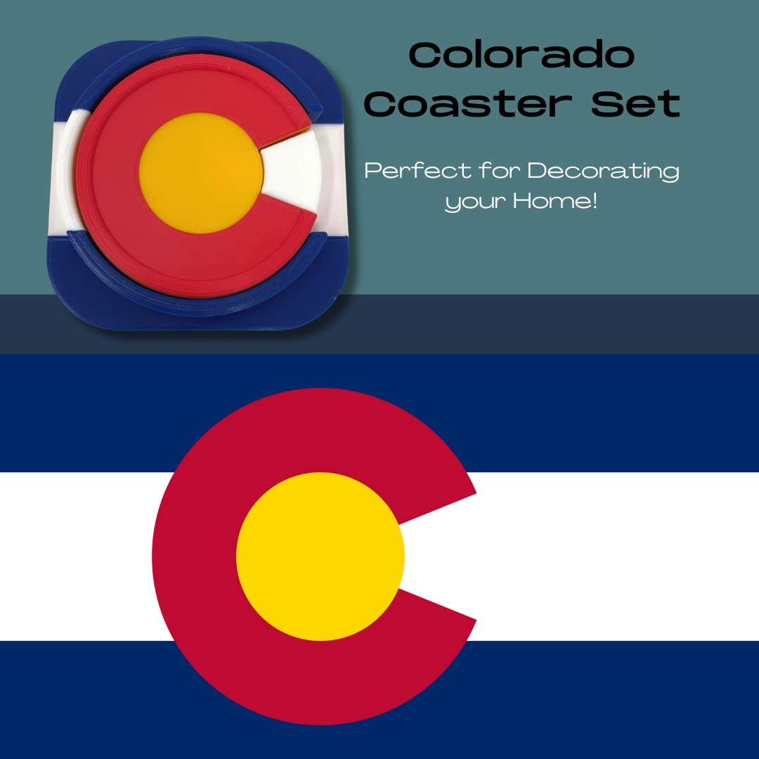Set of 4 Colorado Flag Drink Coasters - Durable Plastic Design - Colorado Flag Design with 4 Coasters & Coaster Holder