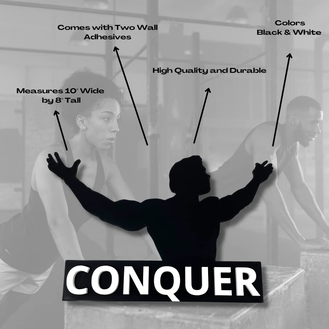 Arnold 'Conquer' Home Gym Motivational Sign - ~10" Wide & 8" Tall Motivational Gym Sign or Wall Art - Hard Plastic Sign with 3D Lettering - Made in The USA