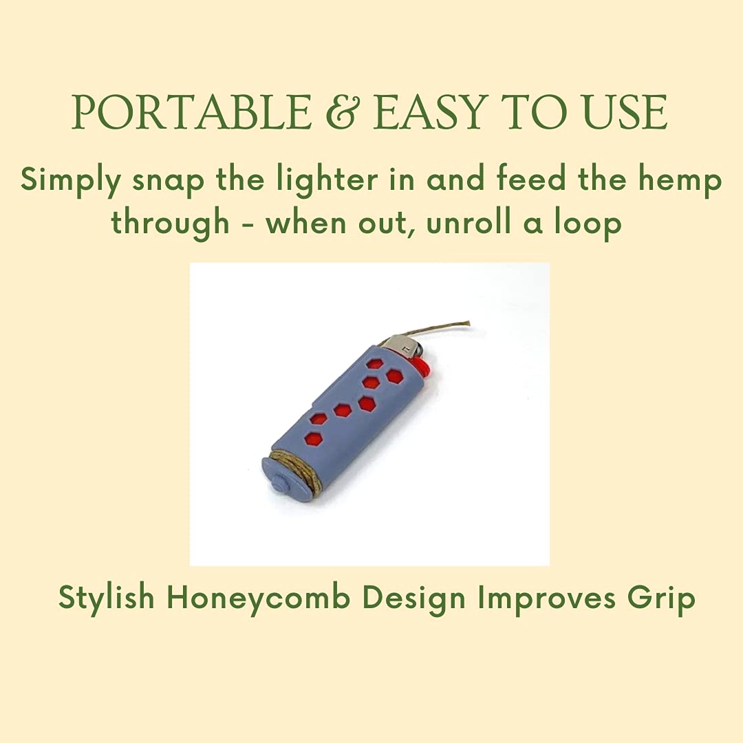 Hemp Wick Lighter Case - Fits Standard Lighters - Easy to Use Hemp Feeder for Slower & More Natural Flame - Grey Hexagon Design