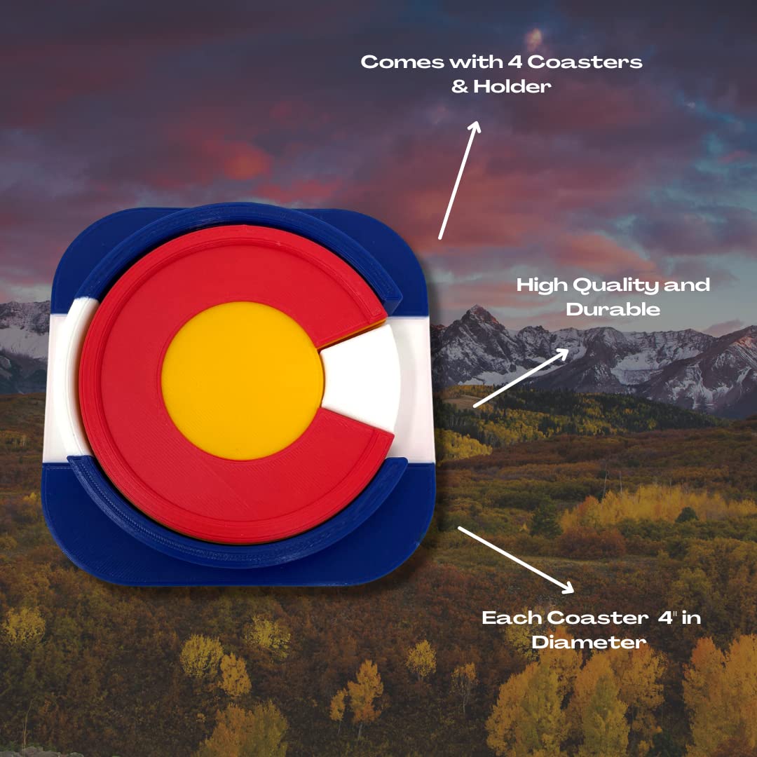 Set of 4 Colorado Flag Drink Coasters - Durable Plastic Design - Colorado Flag Design with 4 Coasters & Coaster Holder