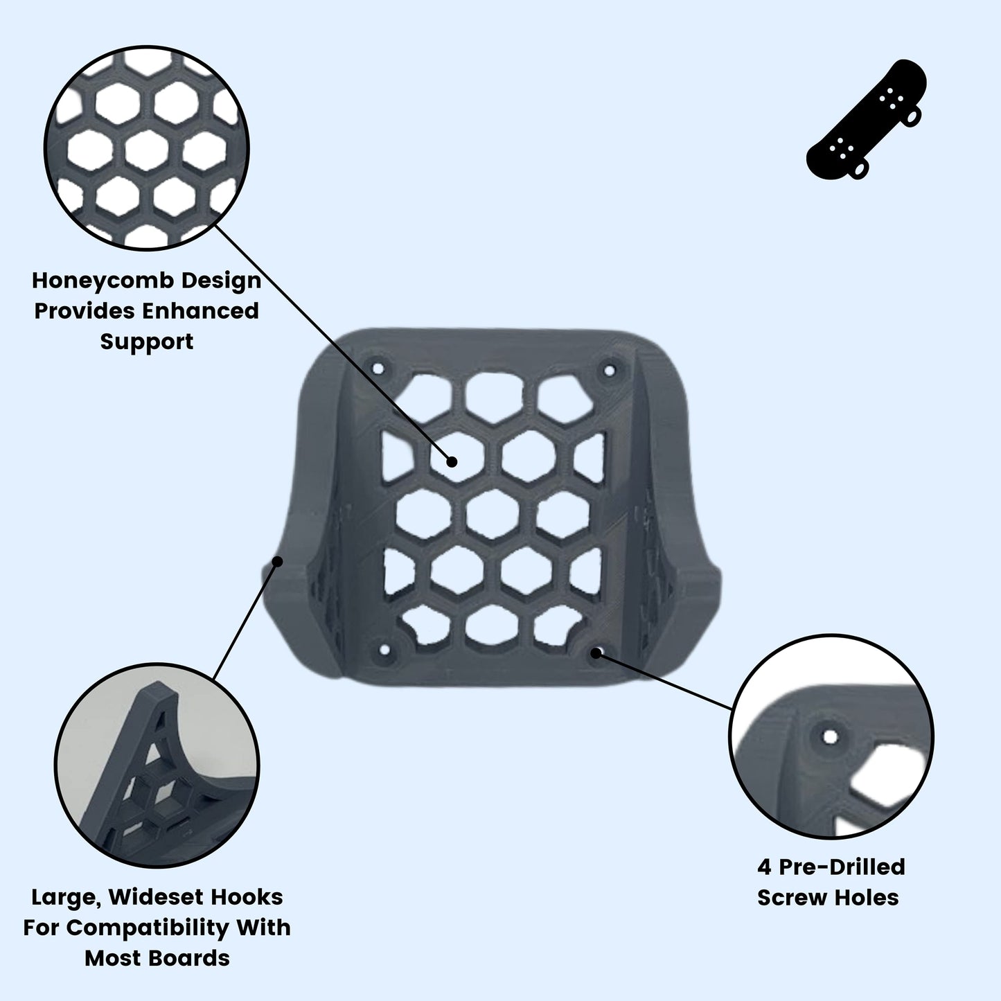 Gray Skateboard or Longboard Wall Mount Hanger - Decorative Board Hanger to Easily Store Your Board at Home