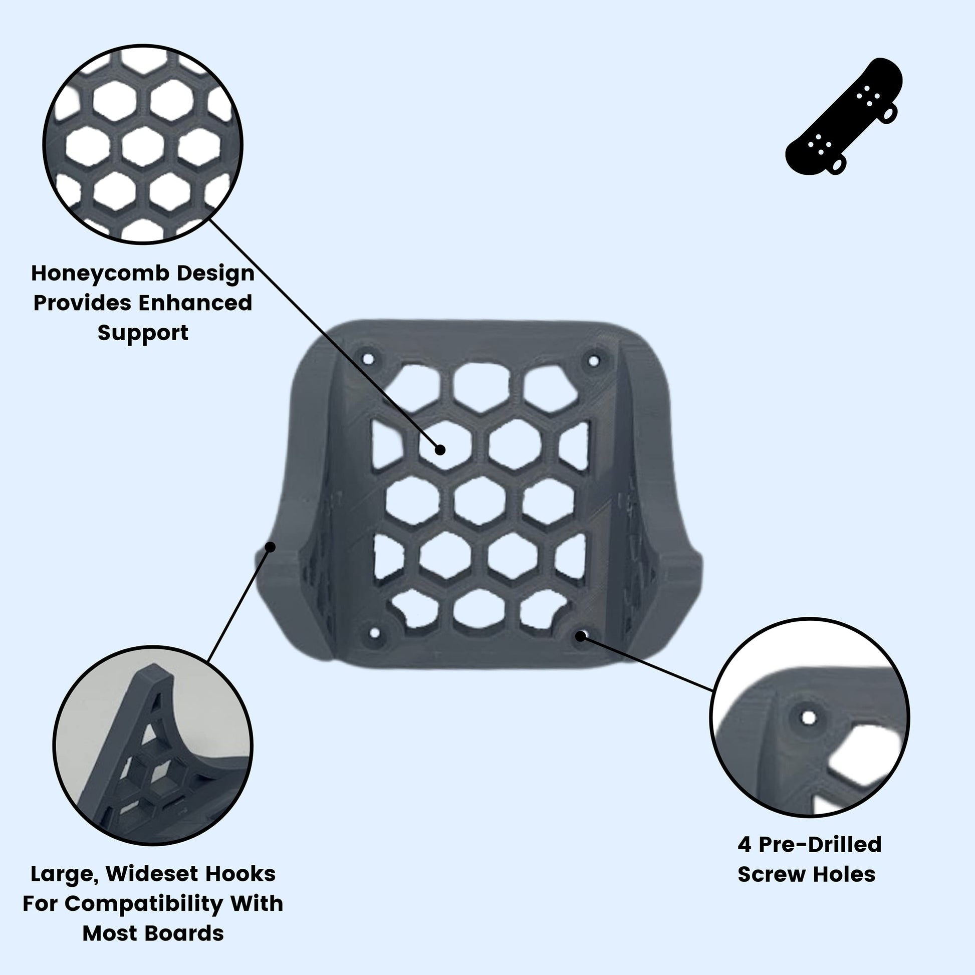 Gray Skateboard or Longboard Wall Mount Hanger - Decorative Board Hanger to Easily Store Your Board at Home