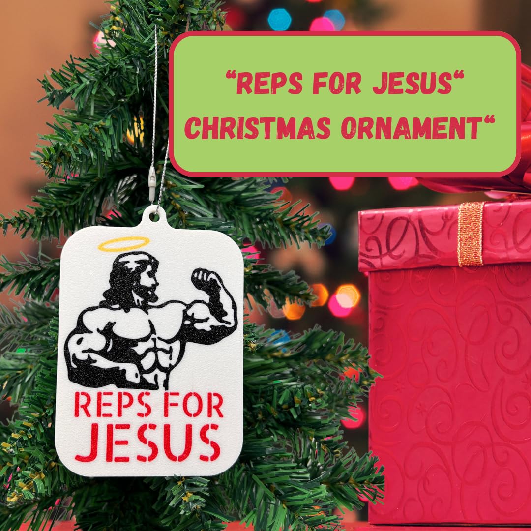 Reps for Jesus Weightlifting Christmas Ornament | Bodybuilding Holiday Ornament | Christian Jesus Weightlifter Ornament | Made in USA