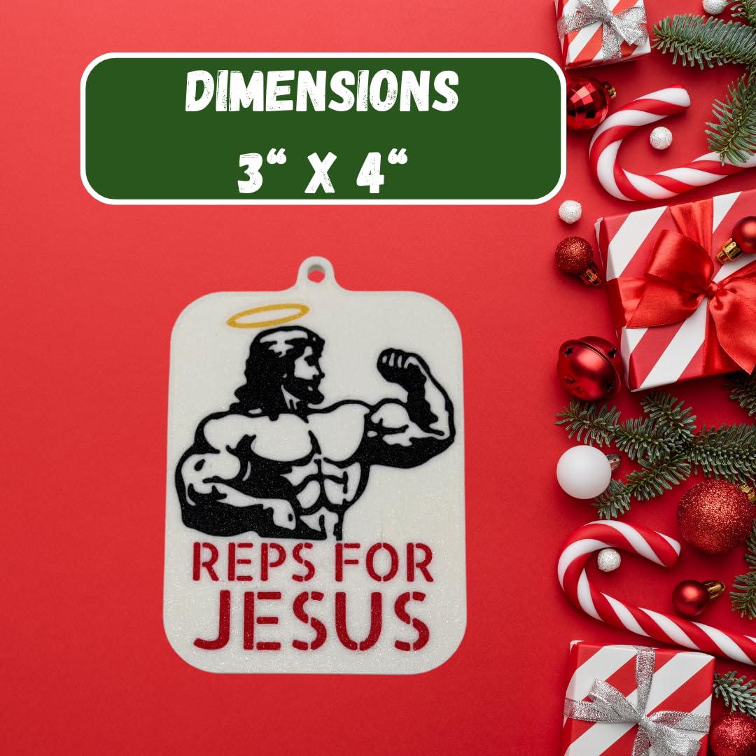 Reps for Jesus Weightlifting Christmas Ornament | Bodybuilding Holiday Ornament | Christian Jesus Weightlifter Ornament | Made in USA