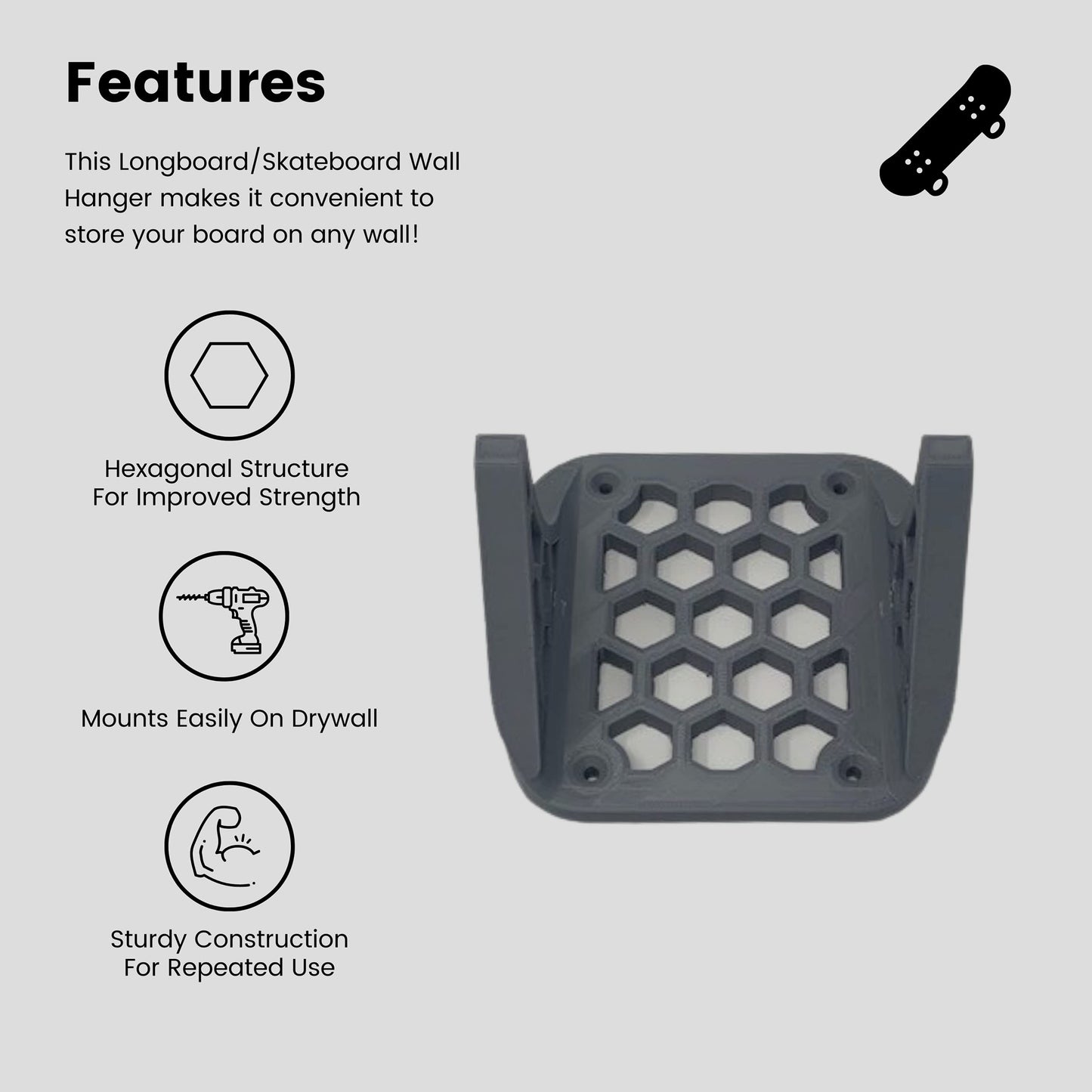 Gray Skateboard or Longboard Wall Mount Hanger - Decorative Board Hanger to Easily Store Your Board at Home