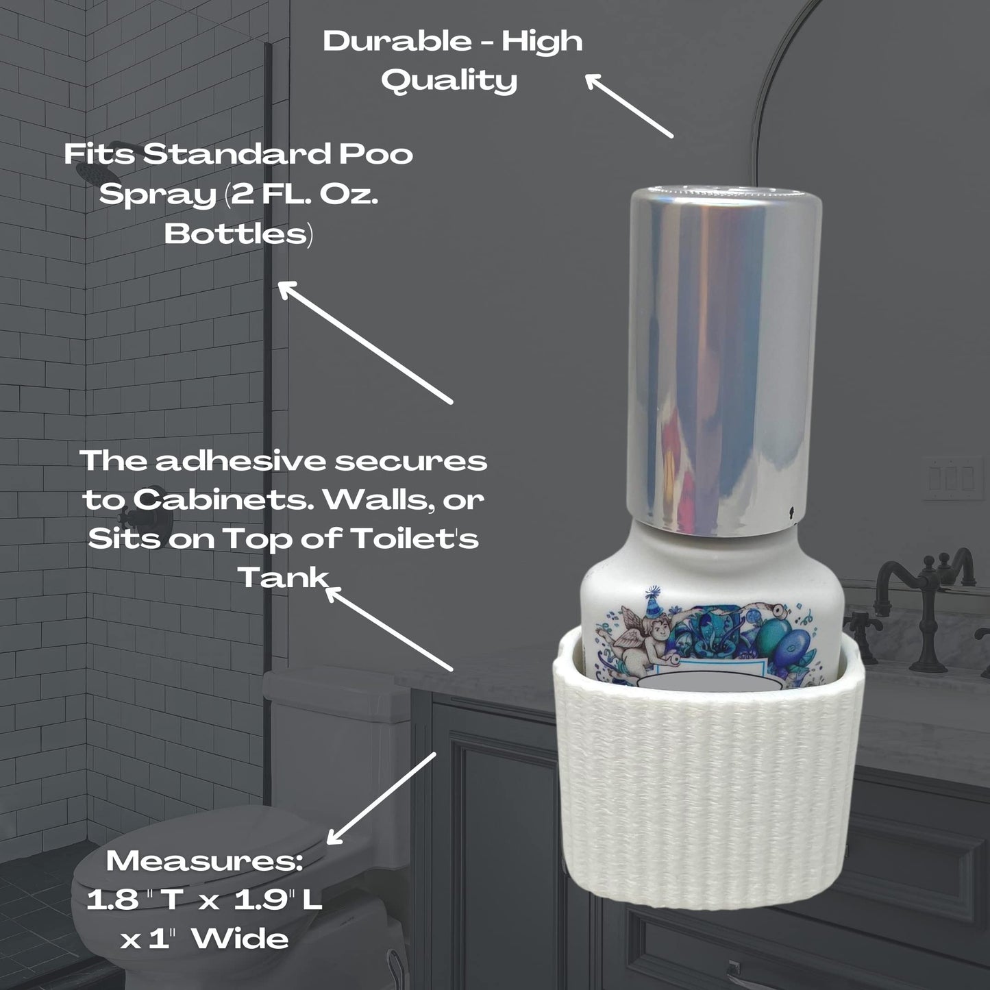 Poo-Spray Holder for 2 oz. bottles - Poo-spray Holder for Bathroom with Adhesive to Apply to Toilet or Cabinet