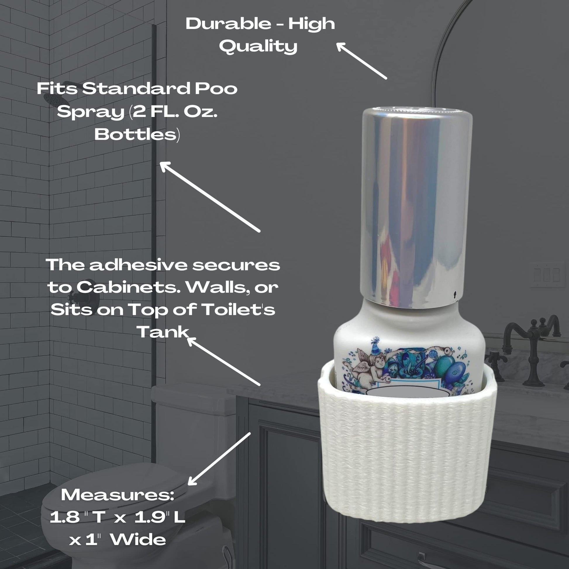 Poo-Spray Holder for 2 oz. bottles - Poo-spray Holder for Bathroom with Adhesive to Apply to Toilet or Cabinet