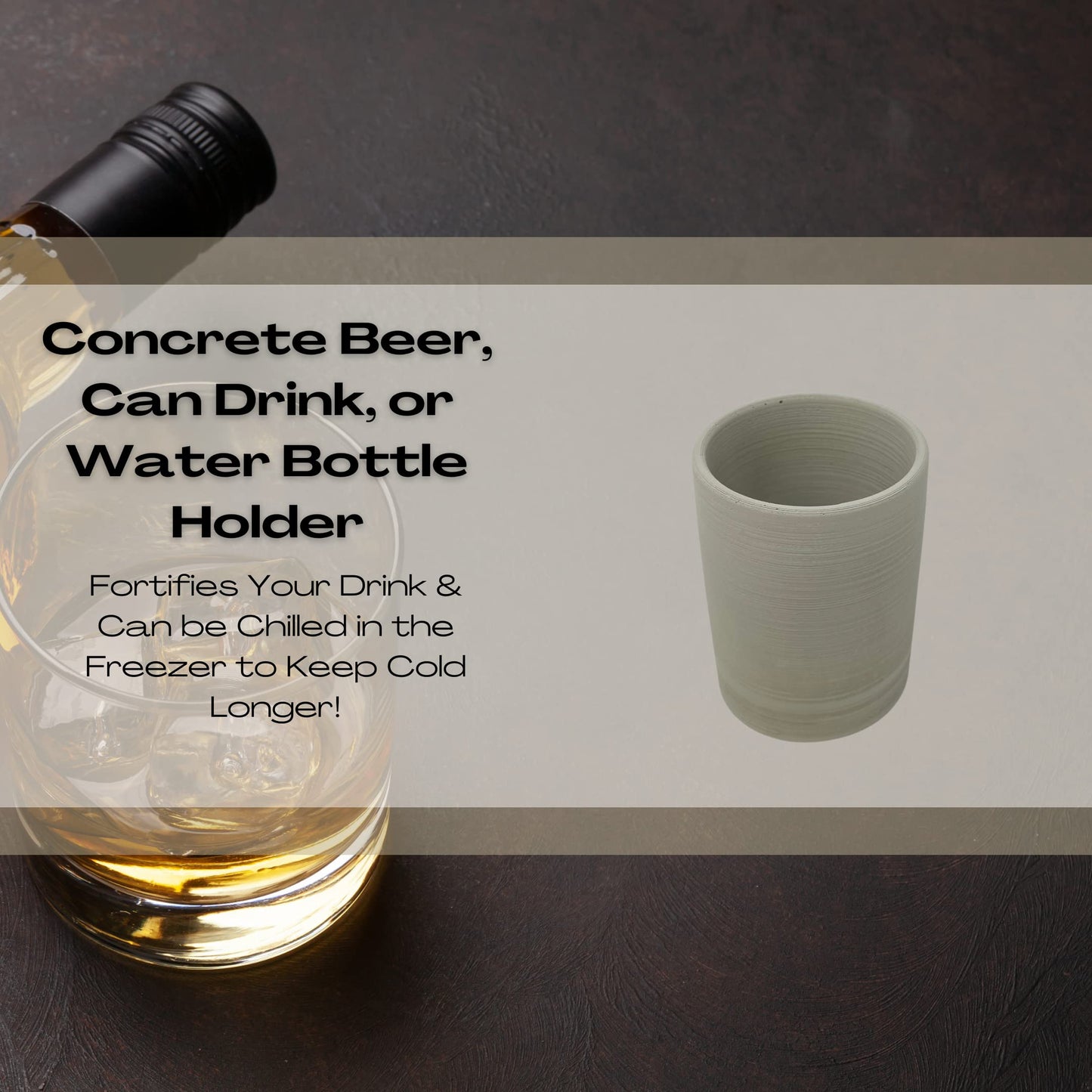 Gray Concrete Can Drink or Water Bottle Holder & Chiller - Fits All Standard 12 oz. Cans or 20 oz. Water Bottles - Store in Freezer to Keep Drinks Chilled - Handmade in USA!