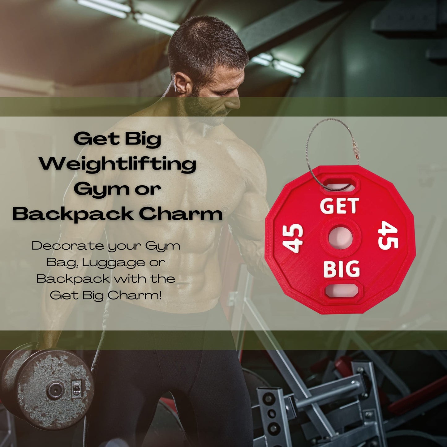 Get Big Bodybuilding Red Gym Bag or Backpack Charm - Perfect for Weightlifters - Made in The USA! Red