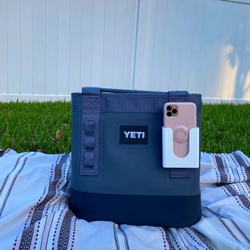 White Phone Holder Attachment Compatible with Soft Yeti Coolers & Backpacks with Straps - Accessorize Your Cooler or Backpack & Securely Hold Your Phone - Made in USA! White