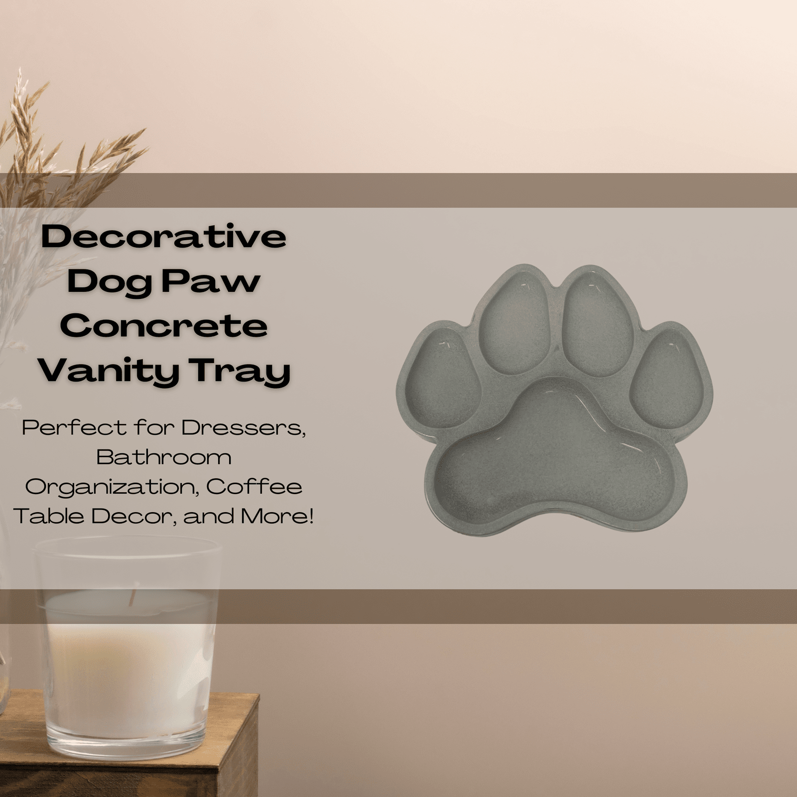Dog Paw Concrete Tray Organizer Decor - 6" x 7" - Stylishly Organize Dressers, Coffee Tables, End Tables, Bathrooms & More