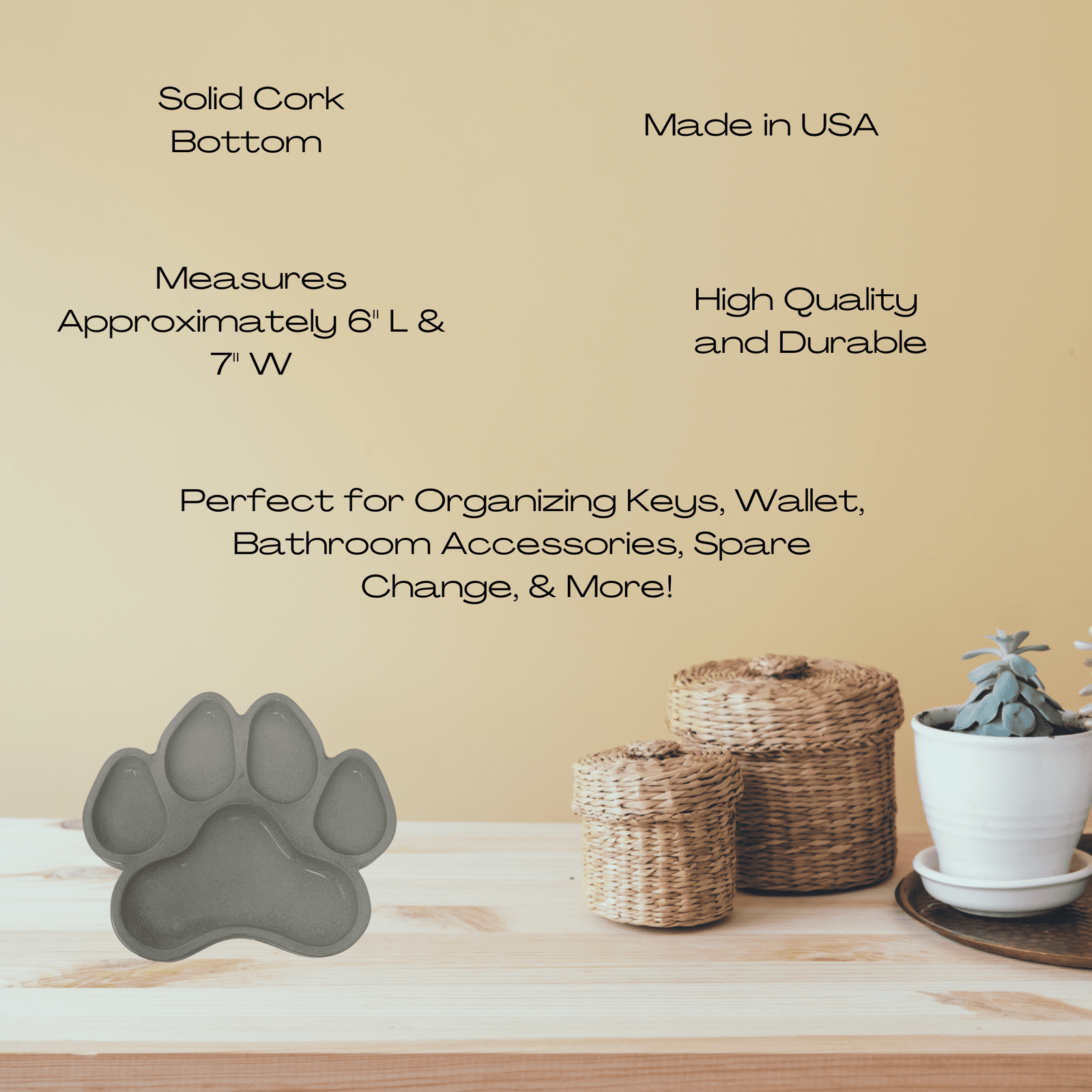 Dog Paw Concrete Tray Organizer Decor - 6" x 7" - Stylishly Organize Dressers, Coffee Tables, End Tables, Bathrooms & More