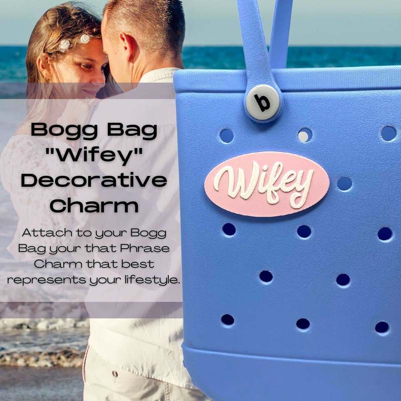 FRESHe BOGLETS - Wifey Charm - Decorative Charm Accessories Compatible with Bogg Bags, Simply Southern Bags and other Tote Bags. Pink and White