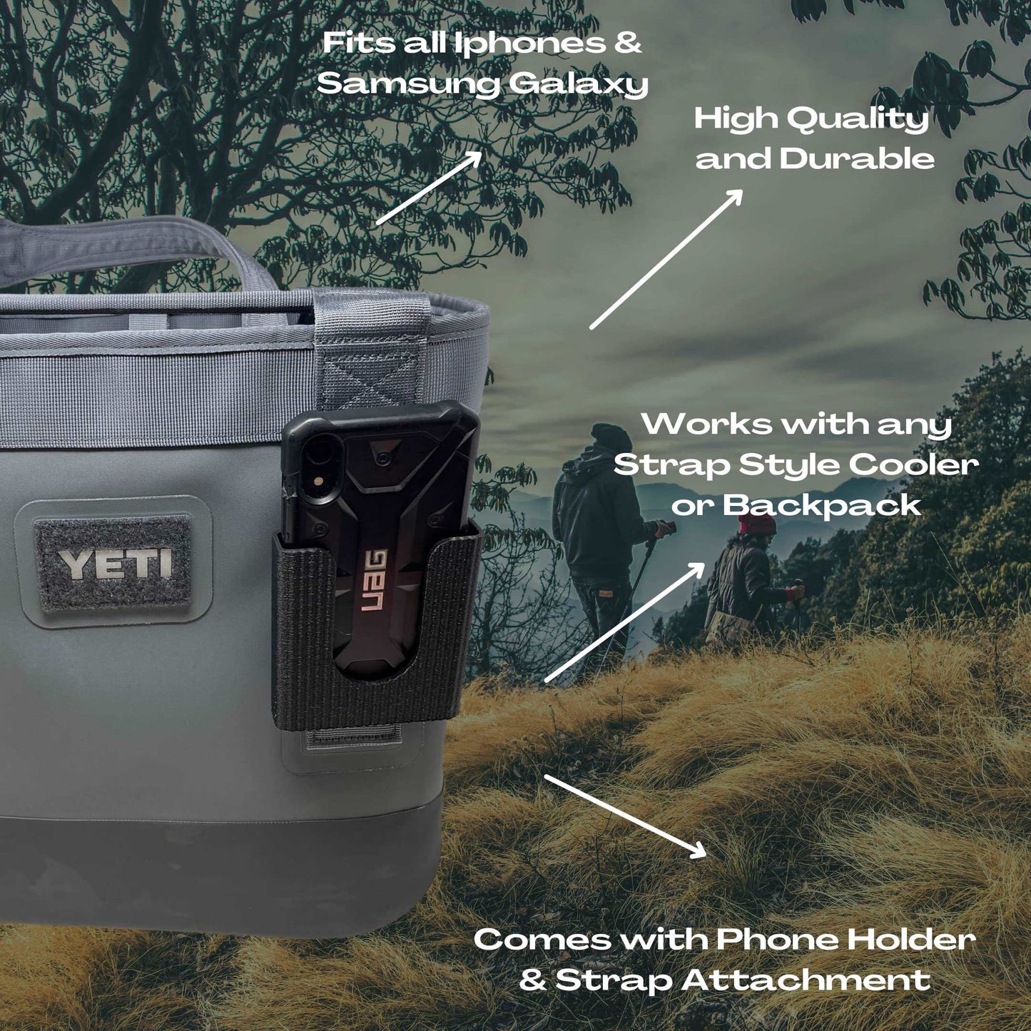 Black Phone Holder Attachment Compatible with Soft Yeti Coolers & Backpacks with Straps - Accessorize Your Cooler or Backpack & Securely Hold Your Phone - Made in USA! Black