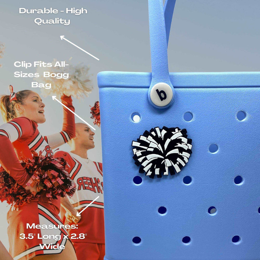 BOGLETS - Cheerleading Charm Compatible with Bogg Bags - Decorative Charm for Bogg Bags & Other Tote Bags Black Pom Pom
