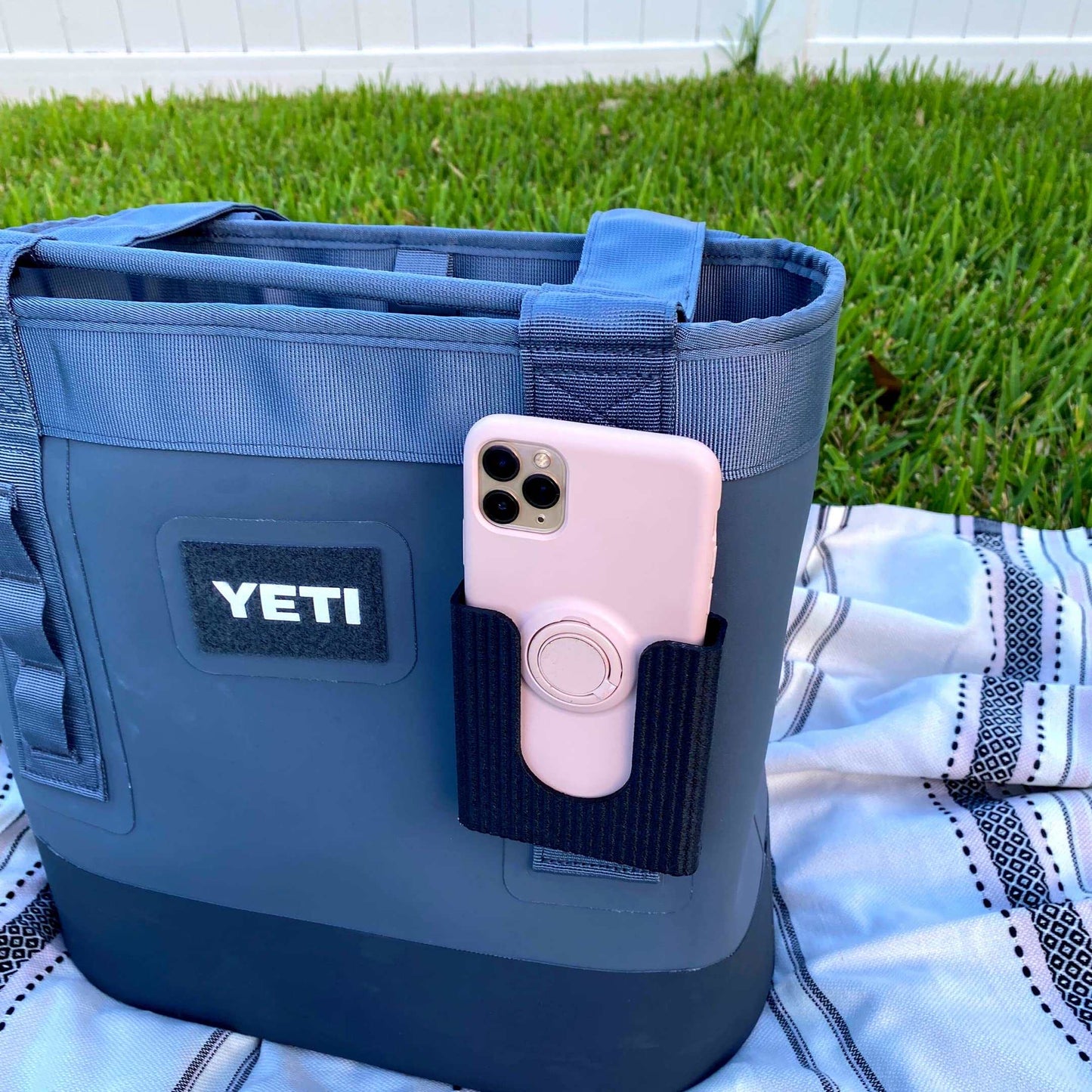 Black Phone Holder Attachment Compatible with Soft Yeti Coolers & Backpacks with Straps - Accessorize Your Cooler or Backpack & Securely Hold Your Phone - Made in USA! Black