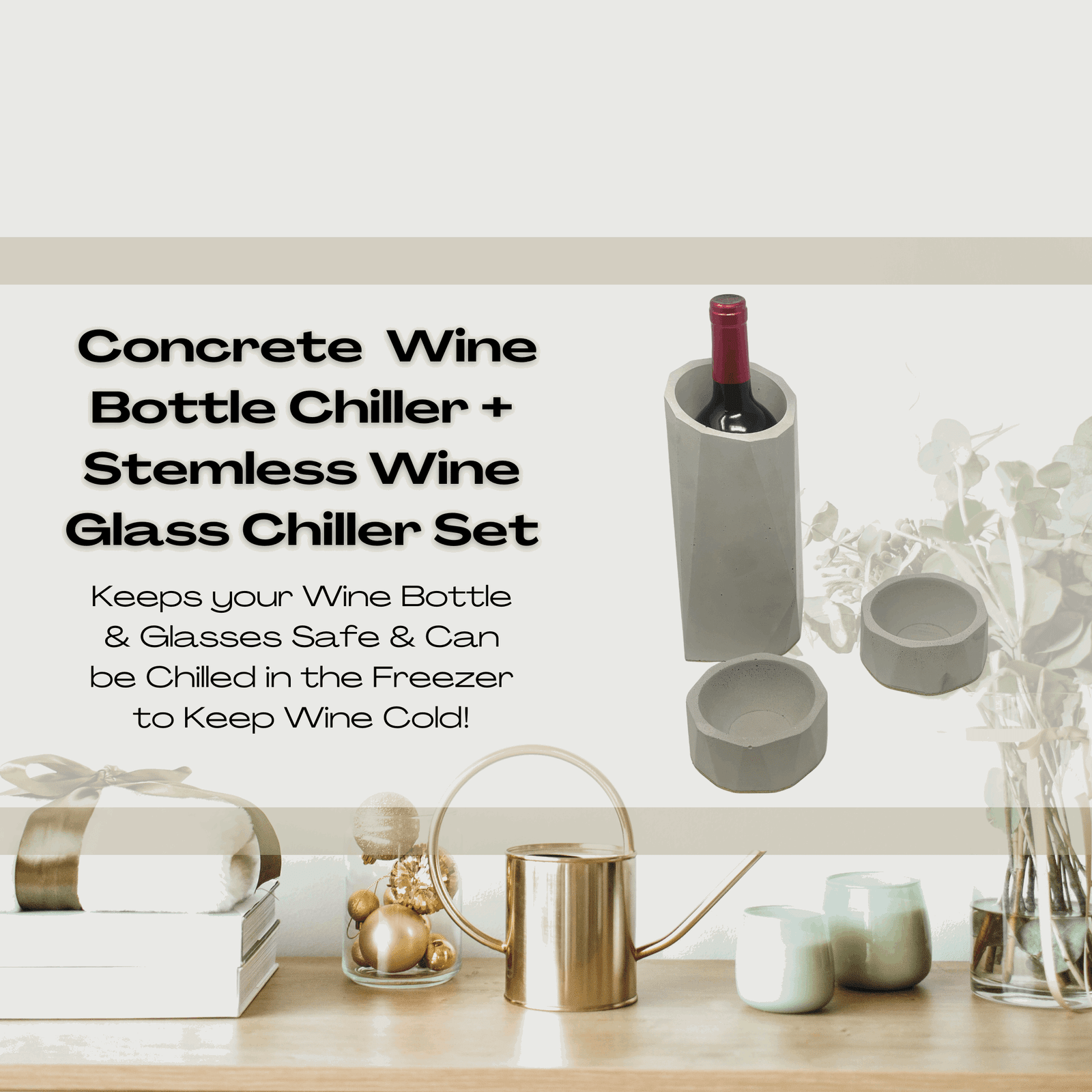 Gray Concrete Wine Bottle Holder & 2 Stemless Wine Glass Chiller Set - Prevents Wine from Tipping Over - Store in Freezer to Keep Wine Chilled