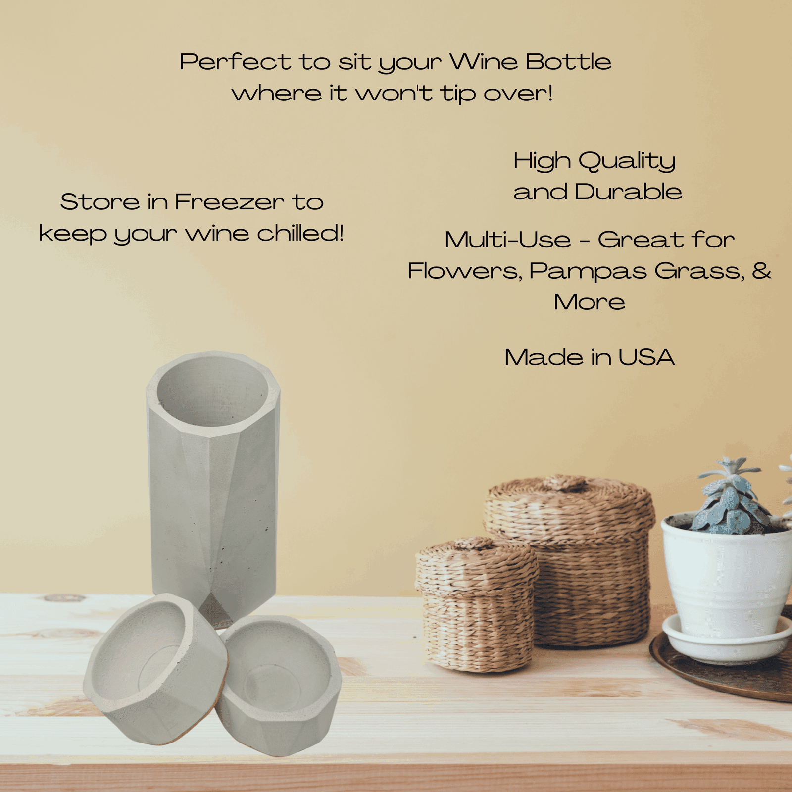 Gray Concrete Wine Bottle Holder & 2 Stemless Wine Glass Chiller Set - Prevents Wine from Tipping Over - Store in Freezer to Keep Wine Chilled