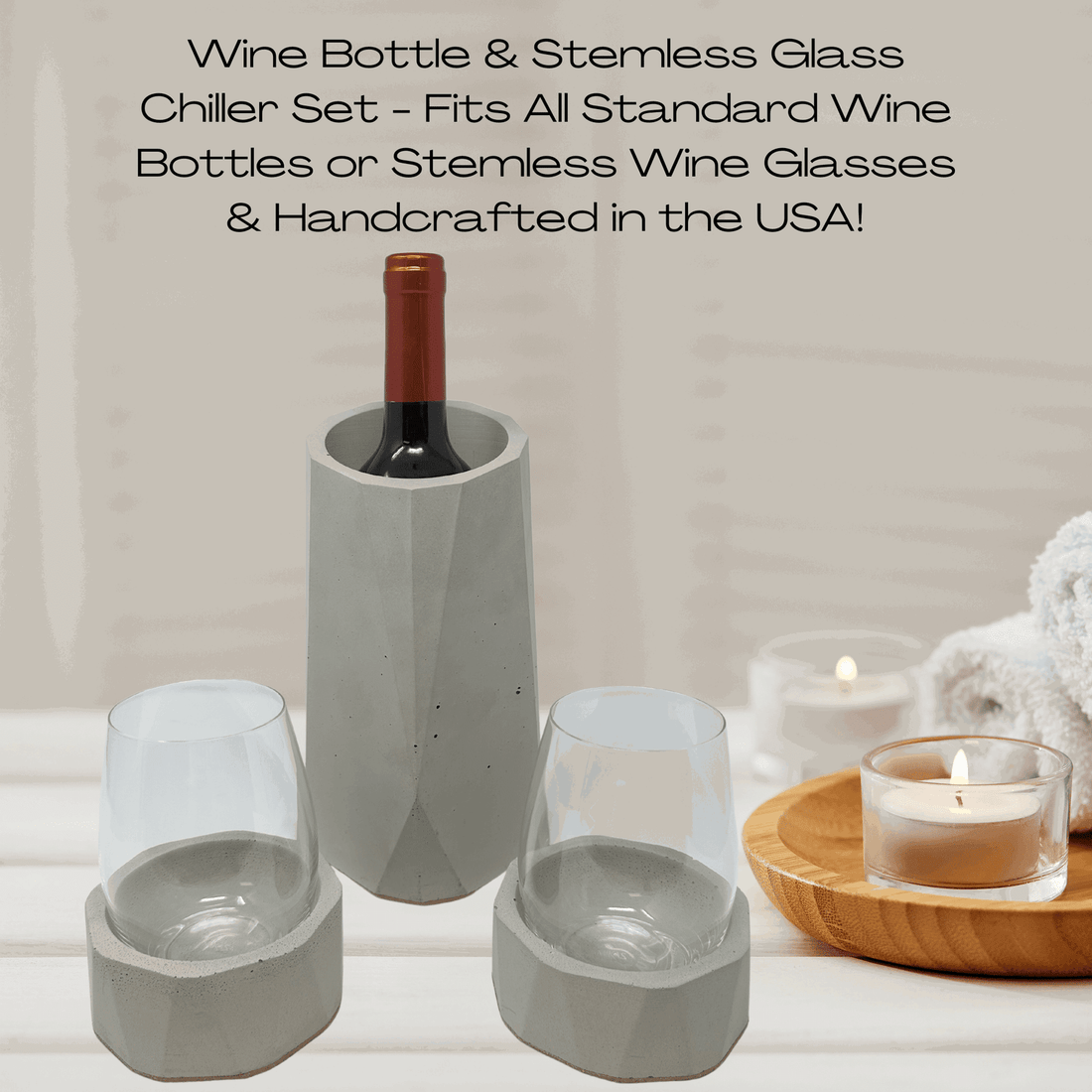 Gray Concrete Wine Bottle Holder & 2 Stemless Wine Glass Chiller Set - –  Chatelet Manufacturing