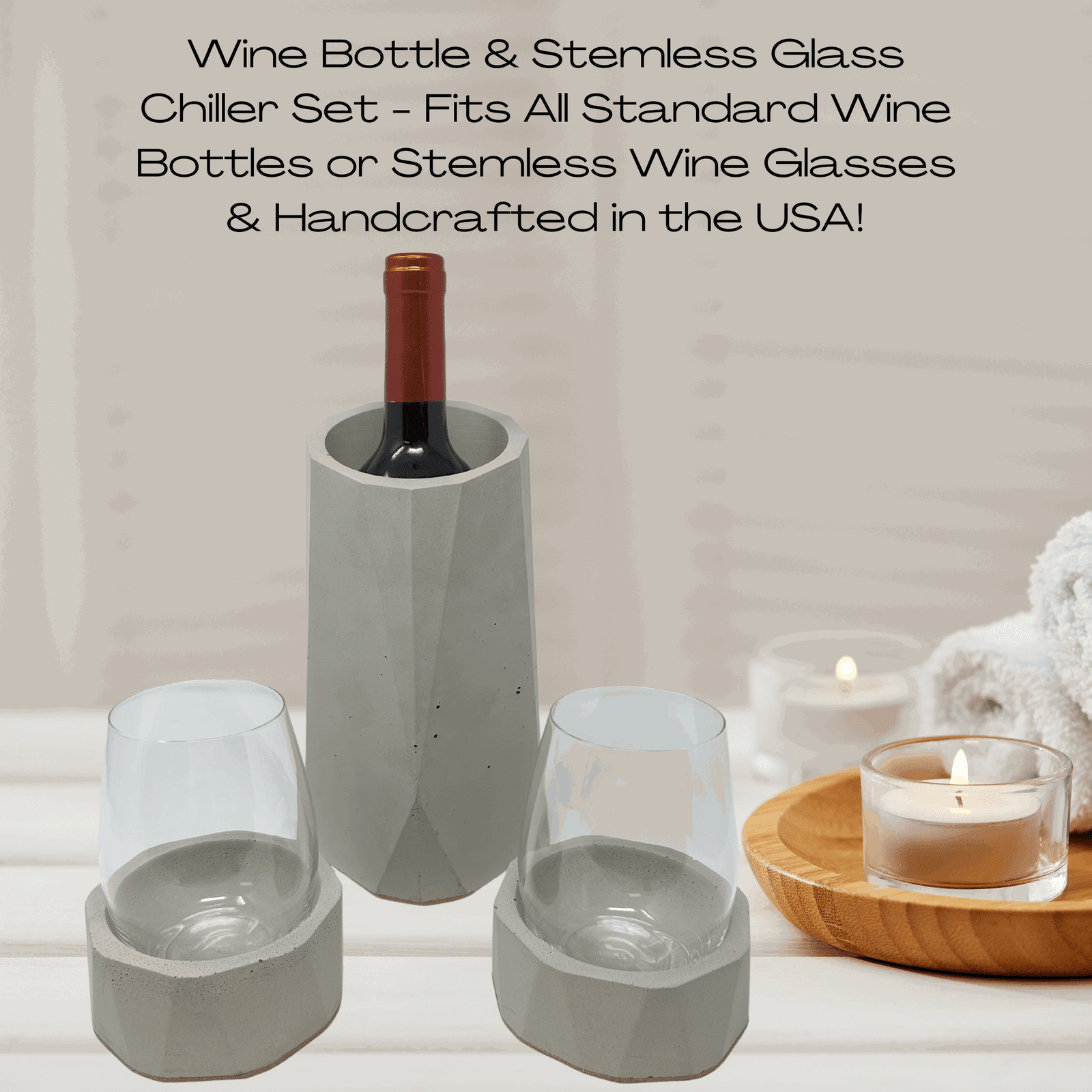 Gray Concrete Wine Bottle Holder & 2 Stemless Wine Glass Chiller Set - Prevents Wine from Tipping Over - Store in Freezer to Keep Wine Chilled