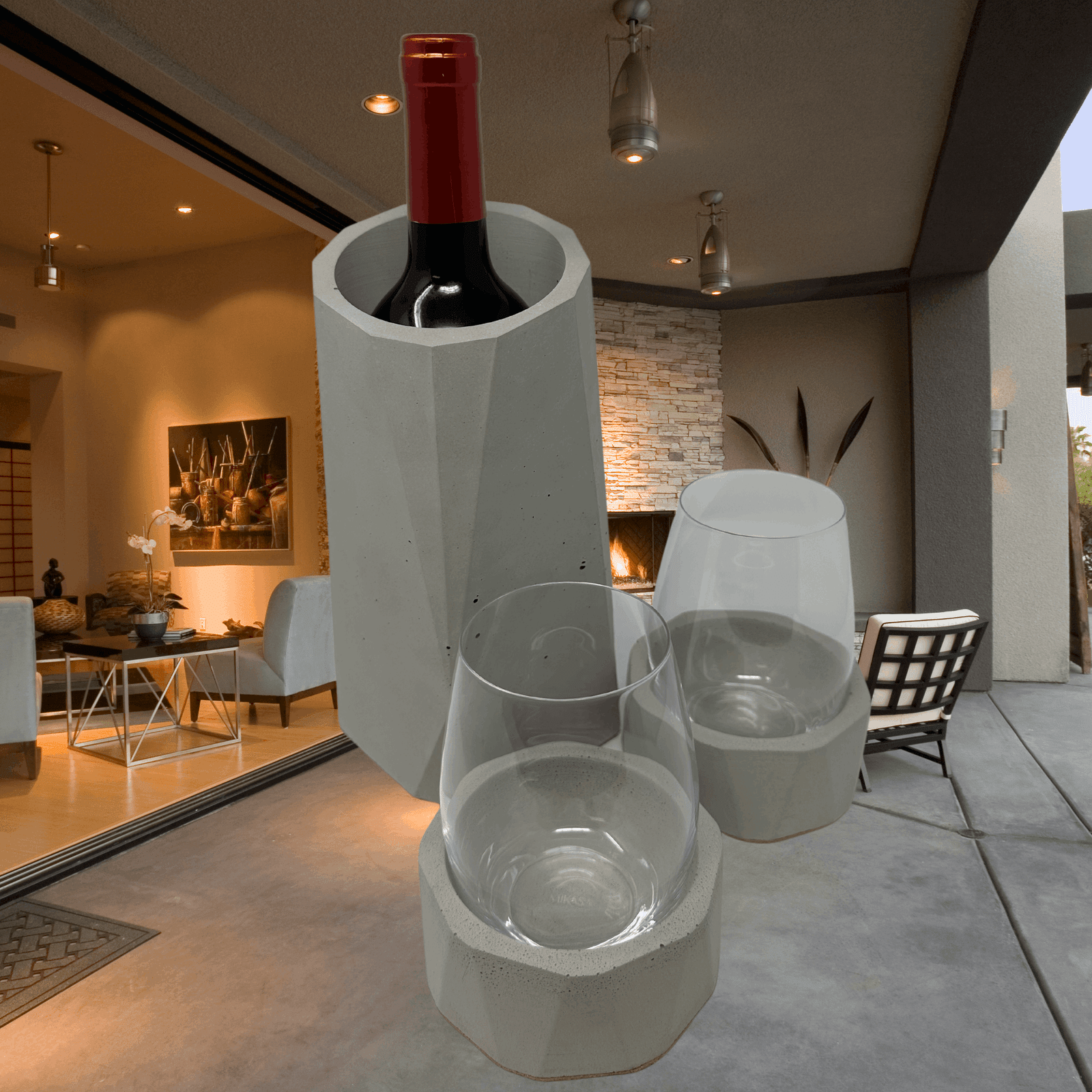 Gray Concrete Wine Bottle Holder & 2 Stemless Wine Glass Chiller Set - Prevents Wine from Tipping Over - Store in Freezer to Keep Wine Chilled