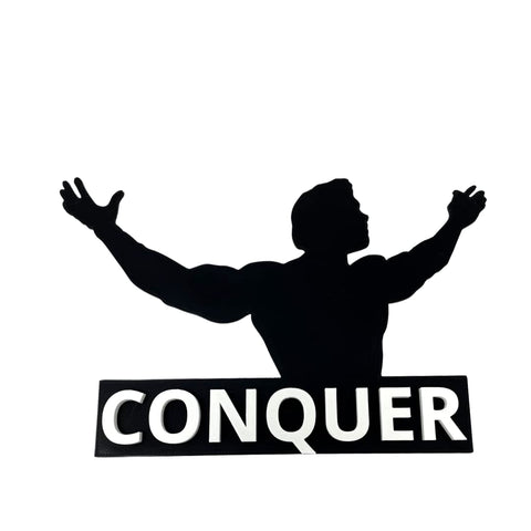 Arnold 'Conquer' Home Gym Motivational Sign - ~10" Wide & 8" Tall Motivational Gym Sign or Wall Art - Hard Plastic Sign with 3D Lettering - Made in The USA