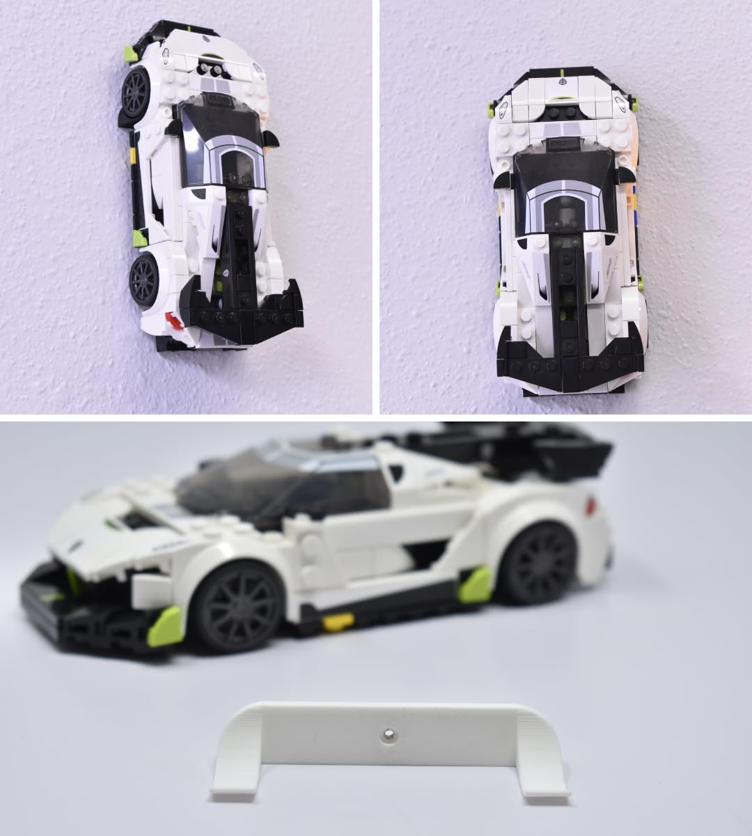 Low Profile Collectible Car Display Wall Mount | Compatible with Lego Car Models | Display Cars by Wheel on Wall | Made in USA White 3-Pack