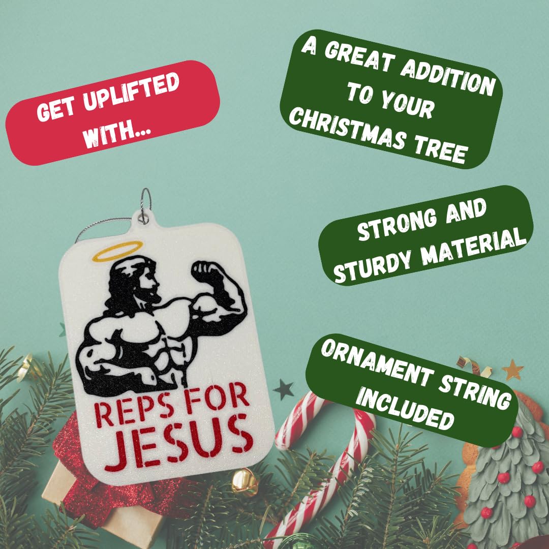 Reps for Jesus Weightlifting Christmas Ornament | Bodybuilding Holiday Ornament | Christian Jesus Weightlifter Ornament | Made in USA