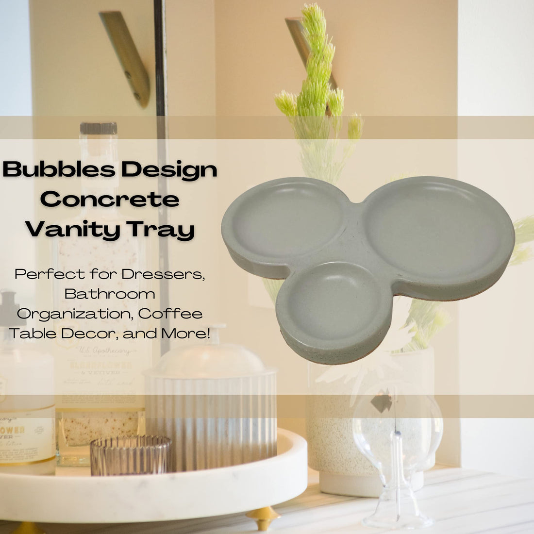 Concrete Bubbles Design Vanity Tray Organizer Decor - 8.5" x 7" - Perfect Jewelry Tray Organizer - Stylishly Organize Dressers, Coffee Tables, End Tables, Bathrooms & More Gray, Concrete